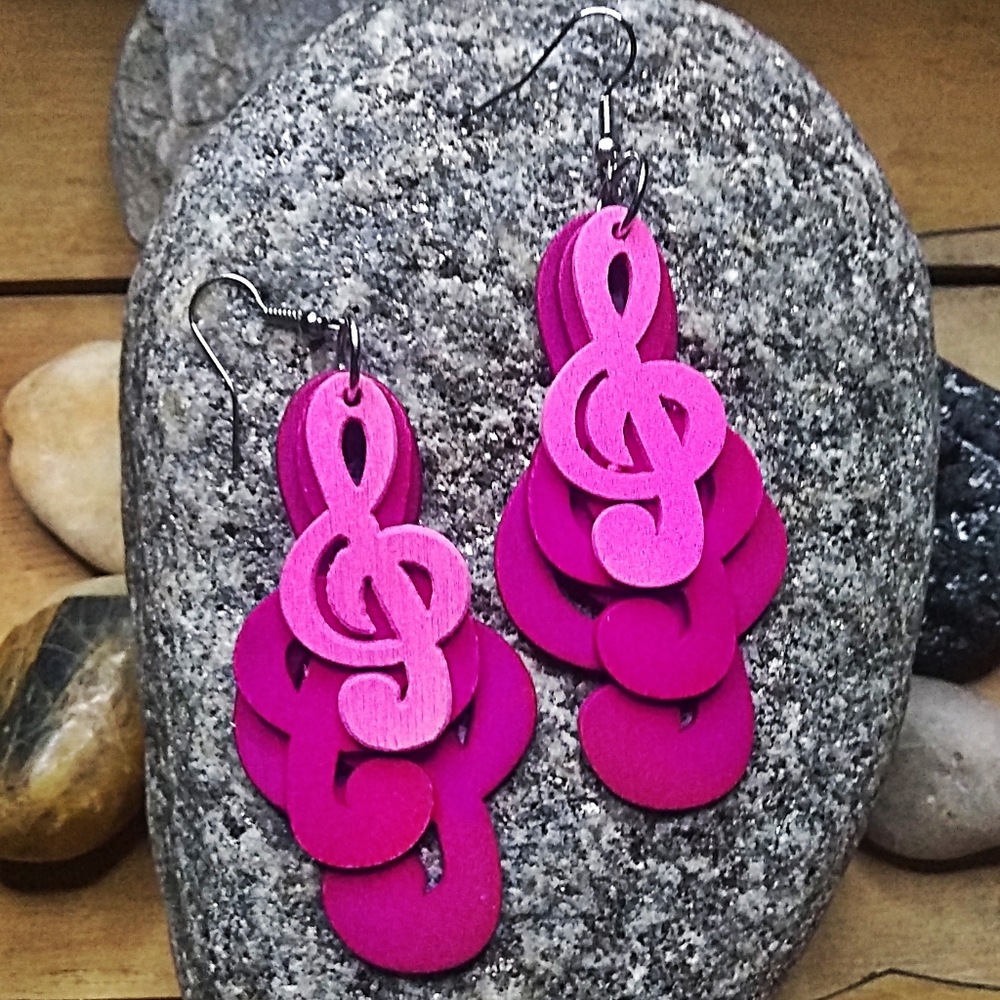 Wooden Treble Clef Earrings - Picture 2 of 2